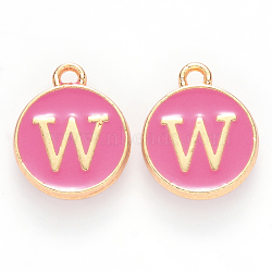 Golden Plated Alloy Enamel Charms, Cadmium Free & Lead Free, Enamelled Sequins, Flat Round with Letter, Camellia, Letter.W, 14x12x2mm, Hole: 1.5mm(ENAM-S118-08W)