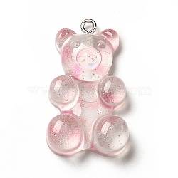 Translucent Resin Pendants, Glitter Bear Charms, with Platinum Tone Iron Loops, Pink, 32x19x8.5mm, Hole: 2mm(CRES-K010-01F)