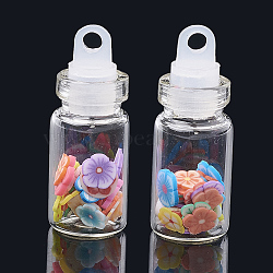 Handmade Polymer Clay Nail Art Decoration Accessories, with Glass Wishing Bottle and CCB Plastic Bottle Stopper, Flower, Mixed Color, 4~6x4~6x0.1~1mm, bottle: 28x11mm, hole: 3mm(X-MRMJ-N032-01)