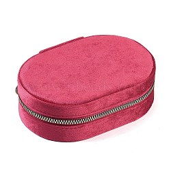 Italian Velvet Double Layers Jewelry Set Storage Zipper Boxes, Oval Jewelry Organizer Case for Earrings, Rings, Bracelets, Cerise, 15x10.5x4cm(CON-G023-10D)