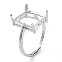Rectangle Adjustable 925 Sterling Silver Ring Components, 4 Claw Prong Ring Settings, Real Platinum Plated, Inner Diameter: 17mm(STER-G042-11P)