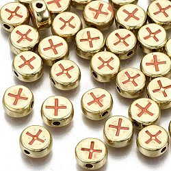 Alloy Enamel Beads, Cadmium Free & Lead Free, Flat Round with Cross, Light Gold, Coral, 8x4mm, Hole: 1.5mm(ENAM-S122-032-RS)