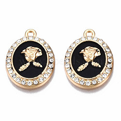 Rack Plating Alloy Enamel Pendants, with Crystal Rhinestone, Light Gold, Cadmium Free & Nickel Free & Lead Free, Oval with Flower, Black, 21x16x4mm, Hole: 1.6mm(PALLOY-N172-062A)