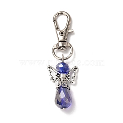 Faceted Teardrop Glass Pendants, with Faceted Glass Beads, Alloy Butterfly Beads & Swivel Lobster Claw Clasps, Iron Pins & Bead Caps, Angel, Blue, 61mm, Pendant: 32x18x9.5mm(HJEW-JM00535-02)