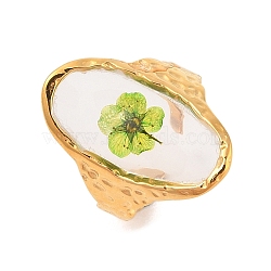 Oval Ion Plating(IP) 304 Stainless Steel Open Cuff Rings for Women, with Epoxy Resin & Dried Flower inside, Golden, 26.5mm, Adjustable(RJEW-Z052-03G)