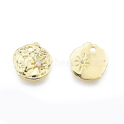 Brass Micro Pave Clear Cubic Zirconia Charms, Flat Round with Flower, Real 18K Gold Plated, 12x12x1mm, Hole: 1.5mm(KK-C006-11G)