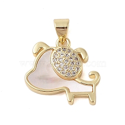 Brass Micro Pave Clear Cubic Zirconia Pendant, with Shell, Dog, Real 18K Gold Plated, 17.5x17.5x3.5mm, Hole: 3.5x3mm(KK-I712-41G)