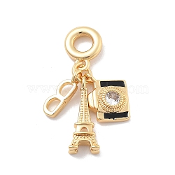 Brass Black Enamel European Dangle Charms, Large Hole Pendants with Clear Cubic Zirconia, Real 18K Gold Plated, Eiffel Tower, 35.5mm, Hole: 4.5mm(KK-M305-19G-01)