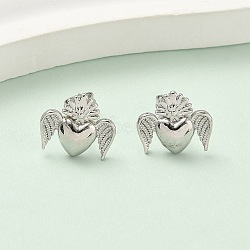 Heart with Wing Brass Stud Earrings, Rack Plating, Long-Lasting Plated, Cadmium Free & Lead Free, Platinum, 12x13.5mm(EJEW-A145-01P)