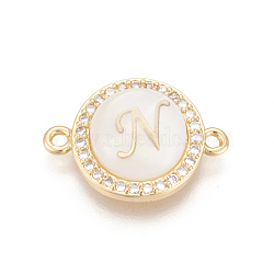 Brass Micro Pave Cubic Zirconia Links, with Shell, Long-Lasting Plated, Lead Free & Cadmium Free & Nickel Free, Real 18K Gold Plated, Flat Round with Letter, Clear, Letter.N, 13.5x18.5x4.5mm, Hole: 1.4mm(ZIRC-L078-006N-NR)