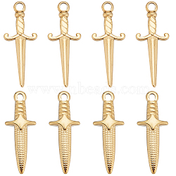 12Pcs 2 Styles 201 & 304 Stainless Steel Pendants, Sword Charms, Real 18K Gold Plated, 24.5~27.5x9~10.5x2.5~4mm, Hole: 1.5~2mm, 6pcs/style(STAS-CN0001-53)