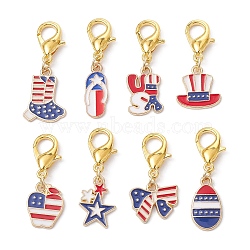 Independence Day Alloy Enamel Pendant Decorations, with Zinc Alloy Lobster Claw Clasps, Mixed Shapes, Colorful, 30~36mm, 8pcs/set(HJEW-JM01337-01)