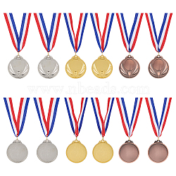 AHANDMAKER 12Pcs 3 Colors Zinc Alloy Blank Award Medals, with Polyester Cord, Flat Round with Trophy Pattern, Mixed Color, 19.76 inch(50.2cm), 4pcs/color(AJEW-GA0003-65)