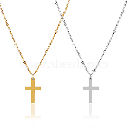 2Pcs 2 Colors 304 Stainless Steel Cross Pendant Necklace with Satellite Chains, Real 18K Gold Plated & Stainless Steel Color, 17.72 inch(45cm), 1pc/color(NJEW-FI0001-48)