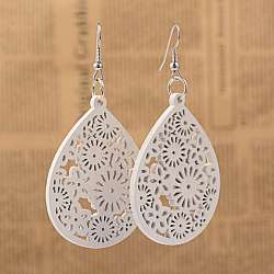 Simple Design Filigree Drop Wood Dangle Earrings, with Platinum Plated Iron Earring Hooks, White, 70mm, Pin: 0.8mm(X-EJEW-I182-07)