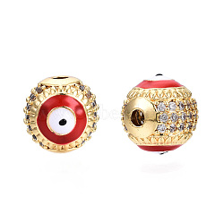 Brass Micro Pave Cubic Zirconia Beads, with Enamel, Real 18K Gold Plated, Round with Evil Eye, Nickel Free, Dark Red, 10mm, Hole: 2mm(KK-N227-88D)