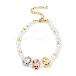 Rack Plating Brass Micro Pave Cubic Zirconia Charm Bracelets, with ABS Imitation Pearl Beads, Cadmium Free & Lead Free, Long-Lasting Plated, Skull, Real 18K Gold Plated, 7-1/8 inch(18cm)(BJEW-P341-12G-01)