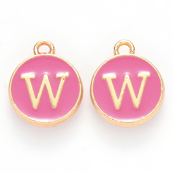 Golden Plated Alloy Enamel Charms, Cadmium Free & Lead Free, Enamelled Sequins, Flat Round with Letter, Camellia, Letter.W, 14x12x2mm, Hole: 1.5mm