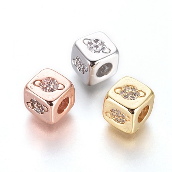 Brass Beads, with Micro Pave Cubic Zirconia, Cube with Planet, Clear, Mixed Color, 6x6x6mm, Hole: 3mm