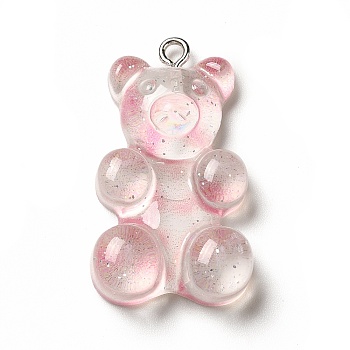 Translucent Resin Pendants, Glitter Bear Charms, with Platinum Tone Iron Loops, Pink, 32x19x8.5mm, Hole: 2mm