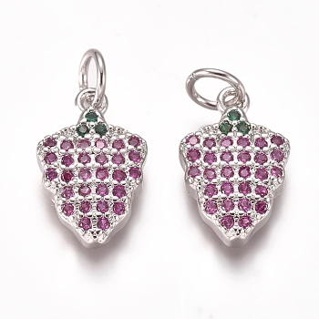 Brass Micro Pave Cubic Zirconia Charms, with Jump Rings, Strawberry, Magenta, Platinum, 13x8x3mm, Hole: 3mm