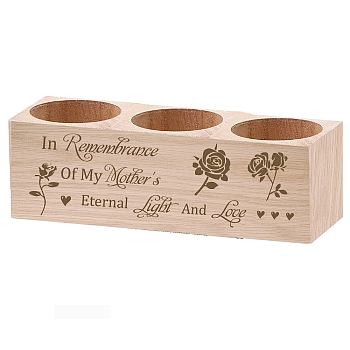 3 Hole Wood Candle Holders, Rectangle, Mother's Day Theme, Flower, 5.5x15x4.5cm