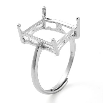 Rectangle Adjustable 925 Sterling Silver Ring Components, 4 Claw Prong Ring Settings, Real Platinum Plated, Inner Diameter: 17mm