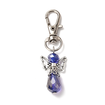 Faceted Teardrop Glass Pendants, with Faceted Glass Beads, Alloy Butterfly Beads & Swivel Lobster Claw Clasps, Iron Pins & Bead Caps, Angel, Blue, 61mm, Pendant: 32x18x9.5mm
