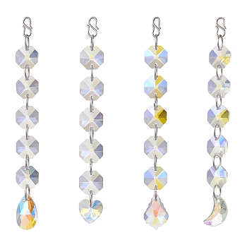 Christmas Glass Octagon Beads Hanging Suncatchers, Moon/Heart/Teardrop/Leaf Charms and 304 Stainless Steel S-Hook Clasps for Home Window Ornaments, Clear AB, 113~130mm, 4pcs/set