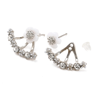 Alloy Glass Rhinestone Stud Earrings, Resin Flower Front Back Stud Earrings for Women, Platinum, 19x12mm