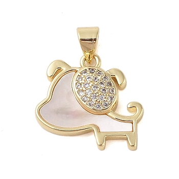 Brass Micro Pave Clear Cubic Zirconia Pendant, with Shell, Dog, Real 18K Gold Plated, 17.5x17.5x3.5mm, Hole: 3.5x3mm