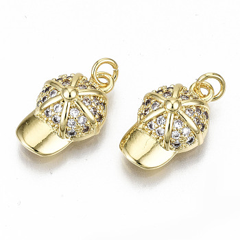 Brass Micro Pave Clear Cubic Zirconia Pendants, with Jump Rings, Nickel Free, Hat, Real 16K Gold Plated, 15.5x10x5.5mm, Jump Ring: 4x0.8mm, 2.4mm inner diameter