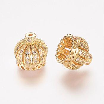 Brass Micro Pave Cubic Zirconia Beads, Tassel Cap Bail, Crown, Hollow, Clear, Golden, 11x11mm, Hole: 1mm