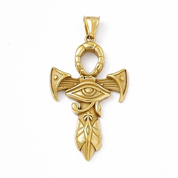 Ion Plating(IP) 304 Stainless Steel Manual Polishing Big Pendants, Ankh Cross with Eye of Ra/Re Egypt Charm, Antique Golden, 54.5x32.5x5mm, Hole: 8.5x3.5mm