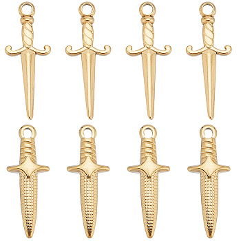 12Pcs 2 Styles 201 & 304 Stainless Steel Pendants, Sword Charms, Real 18K Gold Plated, 24.5~27.5x9~10.5x2.5~4mm, Hole: 1.5~2mm, 6pcs/style