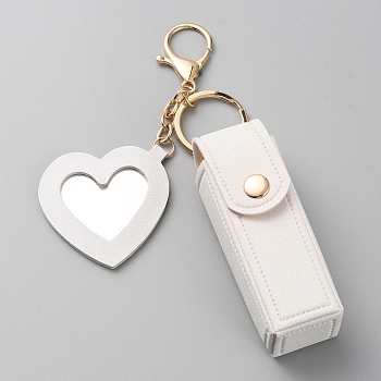 PU Leather Lipstick Storage Bags, Portable Lip Balm Organizer Holder for Women Ladies, with Light Gold Tone Alloy Keychain and Mirror, Heart, Old Lace, 15.1cm