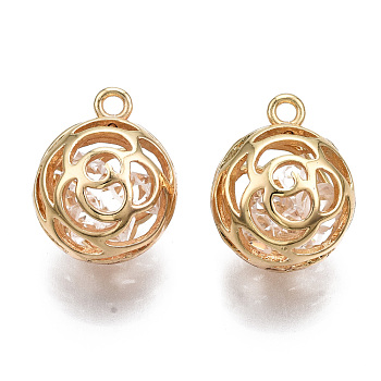 Brass Pendants, with Glass Rhinestone Inside, Hollow, Nickel Free, Flat Round, Real 18K Gold Plated, 16x13x11mm, Hole: 1.6mm