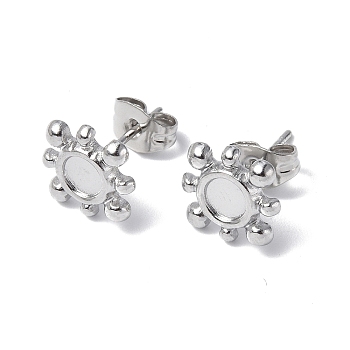 304 Stainless Steel Stud Earring Findings, Sun with Round Tray Earring Settings, with Ear Nuts, Stainless Steel Color, Tray: 4mm, 10x10mm, Pin: 0.7mm