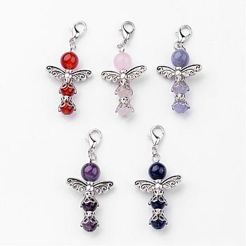 Natural Round Gemstone Pendant Decorations, with Zinc Alloy Findings and Lobster Claw Clasps, Mixed Color, 50mm