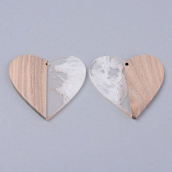 Resin & Wood Pendants, Two Tone, Heart, Seashell Color, 46x48x2~3mm, Hole: 2mm