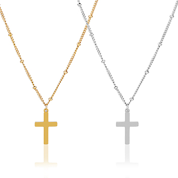 2Pcs 2 Colors 304 Stainless Steel Cross Pendant Necklace with Satellite Chains, Golden & Stainless Steel Color, 17.72 inch(45cm), 1pc/color