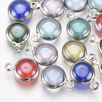 Handmade Lampwork Charms, with 304 Stainless Steel Findings, Flat Round, Stainless Steel Color, Mixed Color, 12x8.5~9x3~3.5mm, Hole: 1.5mm