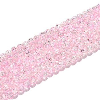 Crackle Glass Beads Strands, Round, Pink, 6mm, Hole: 1.3~1.6mm, about 133pcs/strand, 31.4 inch