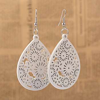 Simple Design Filigree Drop Wood Dangle Earrings, with Platinum Plated Iron Earring Hooks, White, 70mm, Pin: 0.8mm
