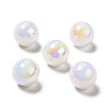 UV Plating Opaque Rainbow Iridescent Acrylic Beads, Round, White, 15~16x15mm, Hole: 2mm