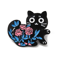Cartoon Cat & Flower Enamel Pins, Black Alloy Brooch for Backpack Clothes, Deep Sky Blue, 26.5x30x1.5mm(JEWB-H017-01EB-03)
