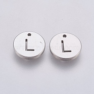 304 Stainless Steel Charms,  Flat Round with Letter, Stainless Steel Color, Letter.L, 10x1mm, Hole: 1mm(STAS-P212-15P-05)