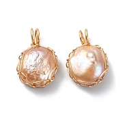 Natural Cultured Freshwater Keshi Pearl Beads Pendants, Flat Round Button Charms, with Long-Lasting Plated Golden Tone Copper Wire Wrapped, PeachPuff, 18.5x13x6~7mm, Hole: 3~3.5mm(PALLOY-JF02073-02)