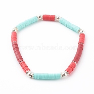 Handmade Polymer Clay Heishi Beaded Stretch Bracelets, with Brass Beads, Platinum, Red, Inner Diameter: 2-1/8 inch(5.5cm)(BJEW-JB06146-02)
