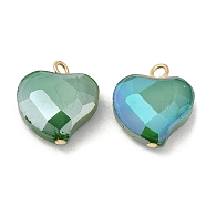 Imitation Jade Glass Pendants, with Golden Brass Loops, Heart Charms, Dark Cyan, 18x17x6.5~7mm, Hole: 2~2.5mm(KK-Q777-01G-03)